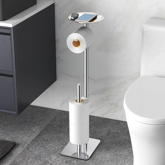 Toilet Paper Holder Stand for Bathroom Floor Standing Toilet Roll Dispenser Storages 4 Reserve Rolls, with Top Storage Shelf for Cell Phones, Wipe, Wallet and More(Chrome)