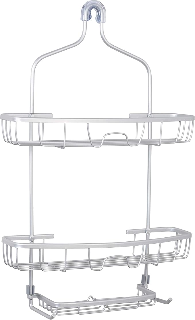 Zenna Home NeverRust Shower Caddy Hanging Bathroom Organizer, Aluminum Shower Rack with 2 Extra Wide Shelves and Built in Hooks, Over Shower Head Storage System, Satin Chrome