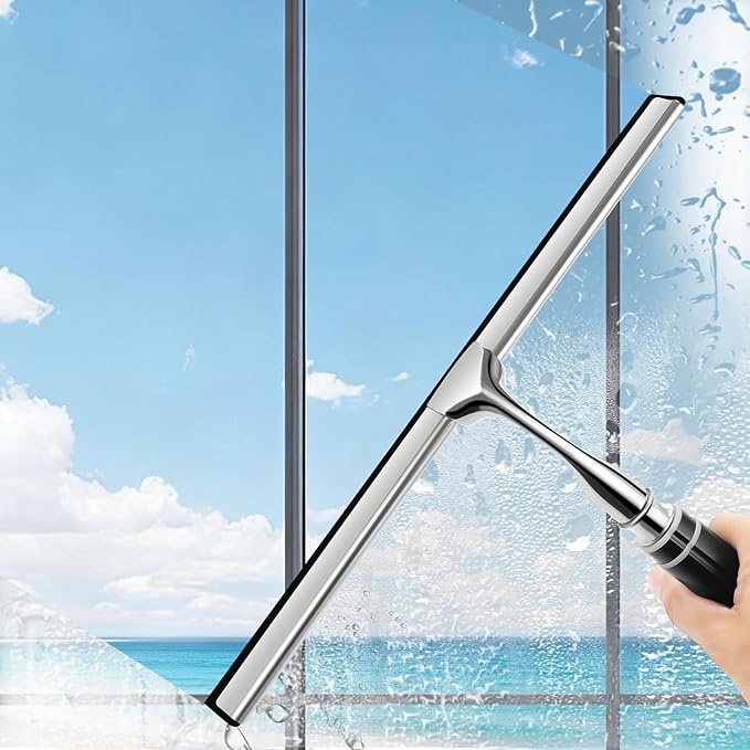 17'' - 62'' Metal Squeegee with Extension Pole for Window,Glass Door,Mirror, 12'' Wide Telescopic Shower Squeegee Cleaner with Long Handle (62'' Squeegee)