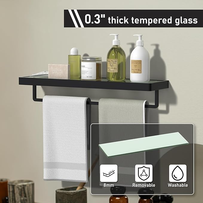Floating Glass Shelves for Bathroom 20-in with Towel Bar/Tempered Glass Rectangular 1 Tier Organizer Shelf (Matte Black, 20'')