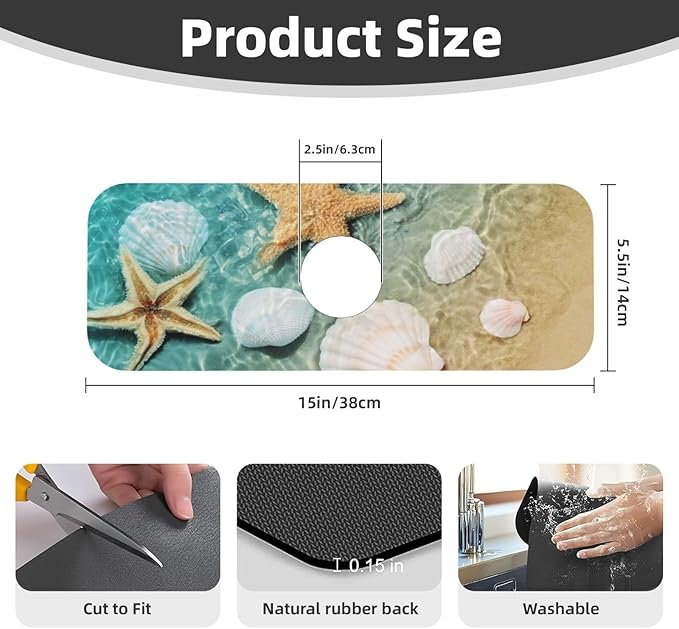 Sea Shells Star Fish Ocean Beach Tide Pool Kitchen Sink Splash Guard Faucet Mat 1 Pcs, Absorbent Fast Drying Mat Gadgets Splash Guard For Bathroom 15 X 5.5 Inches