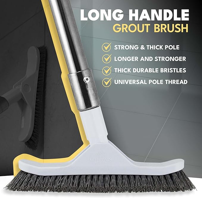 The Crown Choice Grout Brush with Long Handle - Heavy Duty Cleaner & Grout Scrubber Tool - Deep Cleaning Hard Wood, Tile, Floors - Silver Bristles & Stainless Steel - Silver Handle