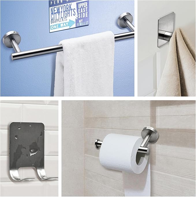 9 PCS Bathroom Hardware Set, Brushed Nickel Stainless Steel Bathroom Tower Rack Set Wall Mounted Includes 16" Towel Bar, Toilet Towel Paper Holder, 6 Robe Towel Hooks, 1 Soap Holder