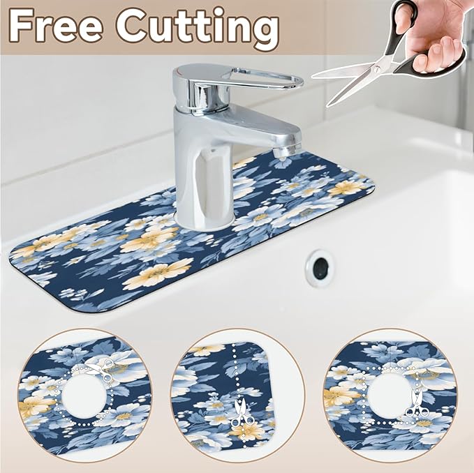 Deep Blue Floral Kitchen Faucet Mat Splash Guard, 15.4”x5.7” Absorbent Quick Drying Sink Mat for Countertop Protection, Draining Mat Sink Protectors For Kitchen Bathroom, 1 Pack