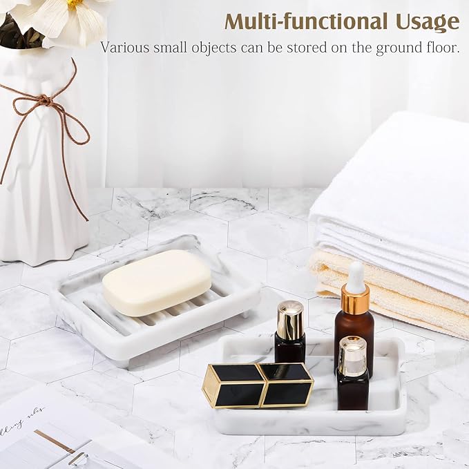 Shinowa Resin Soap Dish, Self-Draining Bar Soap Tray with Drainable Board, Dual Layer Sponge Holder for Bathroom Kitchen Shower Bathtub Sink Counter-top, Marble White