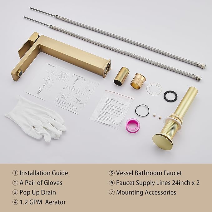 Brushed Gold Vessel Sink Faucet, 1 Hole Single Handle Tall Bathroom Vanity Faucets, Modern Utility Rv Laundry Bath Restroom Mixer Tap with Metal Pop Up Drain and 2 Water Supply Lines