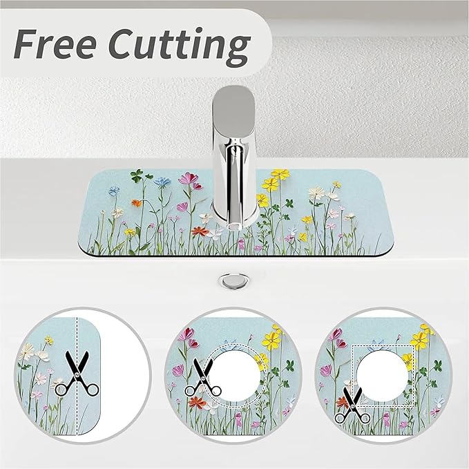 Kitchen Sink Splash Guard，Simple wildflowers Faucet Mat Sink Gadgets-Super Absorbent Fast Drying Mat Drip Catcher for Kitchen, Bathroom,Sink Mat, Dish Drying Mat, Bathroom(15" X 5.5" )