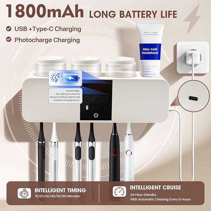 Smart 6-Slot Toothbrush Holder with Hygiene System, LED Display & 3 Cups – Wall-Mounted & Rechargeable, White