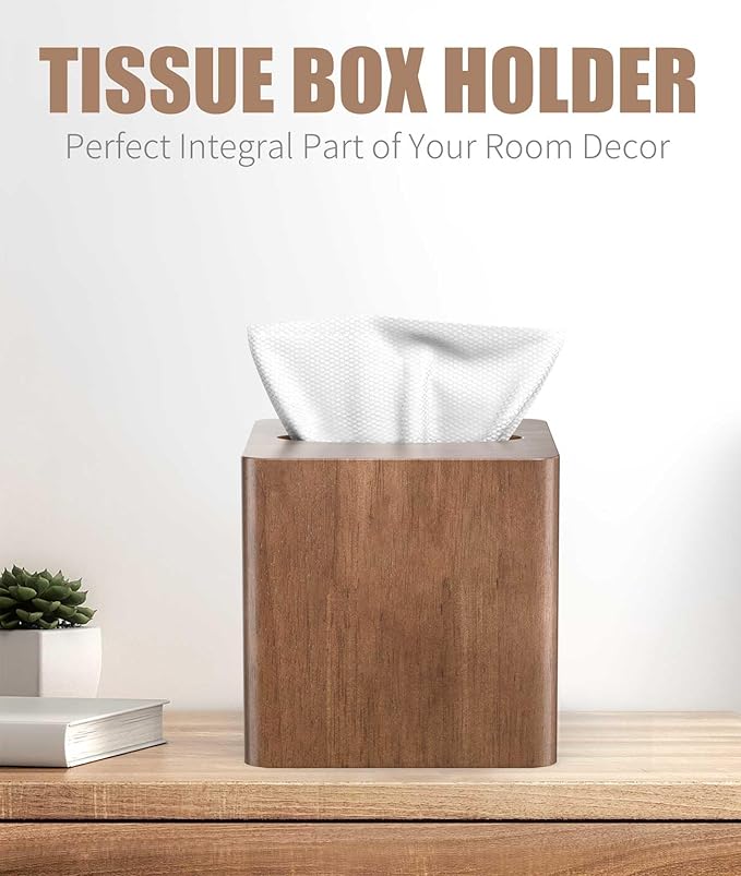 Livelab Tissue Box Cover Square - Oak Wood Tissue Box Holder for Living Room, Dinner Table, Bathroom, Office - Decorative Wooden Cube Facial Tissue Cover for Modern Farmhouse Home Decor | Brown