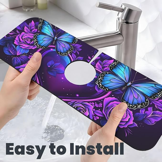 Butterfly Heart Roses 15" X 5.5" Kitchen Sink Splash Guard, Faucet Guard Draining Mat, Faucet Suction Pad For Kitchen Bathroom