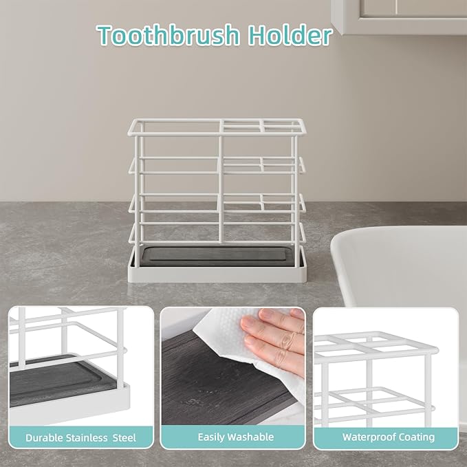 Toothbrush Holders, Bathroom Organizers and Storage with Instant Drying Stone, Bathroom Accessories Toothpaste Holders, Bathroom Counter Organizer, White