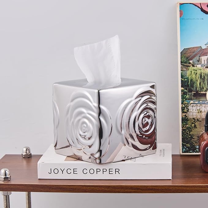 Silver Ceramic Cube Tissue Box Cover with Rose – Large Elegant Rose Floral Square Decorative Tissue Box Holder for Bathroom, Bedroom, Office Desk, Kitchen Counter – Perfect Housewarming Gift