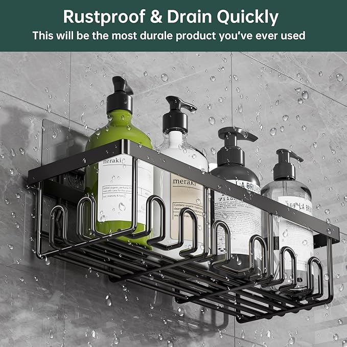 5-Pack Adhesive Shower Caddy, Rustproof Stainless Steel Organizer for Bathroom Storage with Large Capacity, No Drilling Bathroom Caddy with Soap Toothbrush Holder for Kitchen Home Black