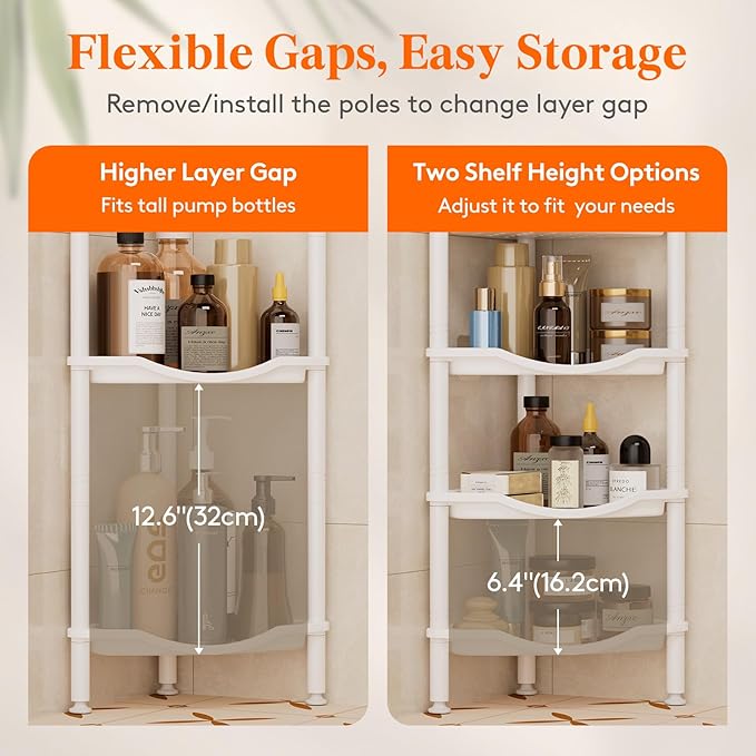 Lifewit Floor Standing Shower Caddy Corner, 5 Tier Plastic Shower Stand Rack with Adjustable Feet and Hooks, Rustproof Bathroom Shelf Organizer, White，34 x 24 x 139 cm/13 x 9.5 x 55 inch