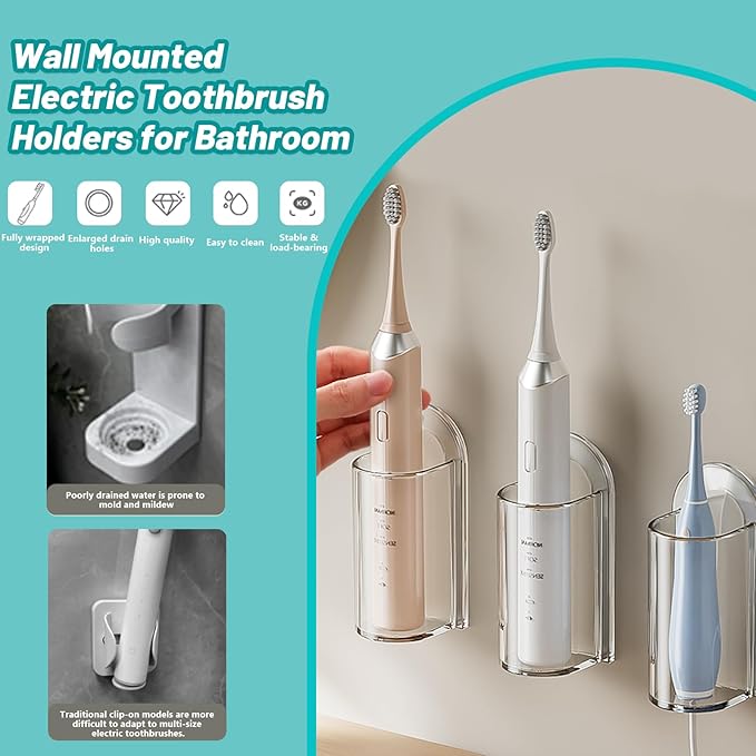 2 Pack Electric Toothbrush Holders for Bathroom, Wall Mounted Clear Electric Toothbrush Organizer, Self Adhesive Bathrooms Toothbrush Storage for Shower, Saving Space and Keep Drying