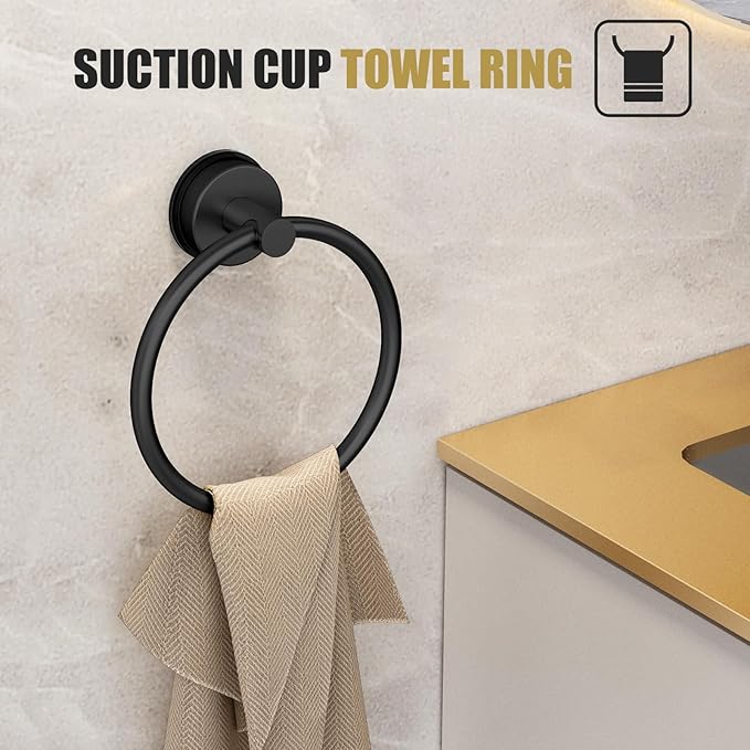 BKV Suction Cup Towel Ring,Hand Towel Holder for Bathroom,Stainless Steel Heavy Duty Round Towel Hanger for Bath,Kitchen-Matte Black