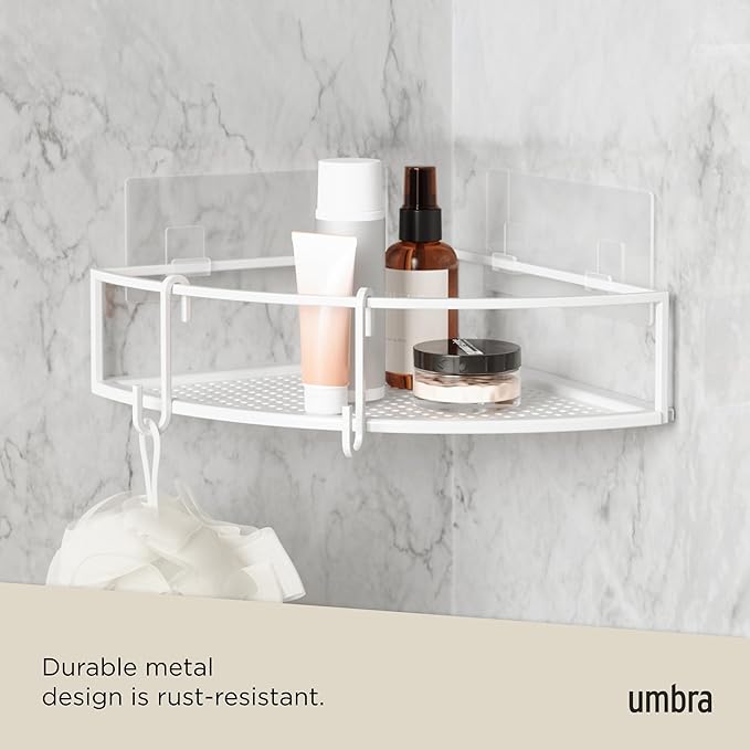 Umbra Cubiko Shower Corner Shelf, Metal Floating Shelves with Adhesive Mounting Strips, 2-Pack, White