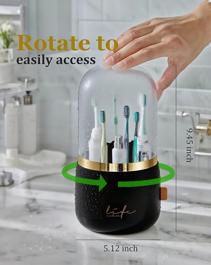 360° Rotating Toothbrush Holder for Bathroom, 7-Slot with Cover & Drainage for Electric Toothbrushes, Toothpaste, Razors - Stand Storage for Vanity, Bathroom Accessories, Countertop Organize (Black)