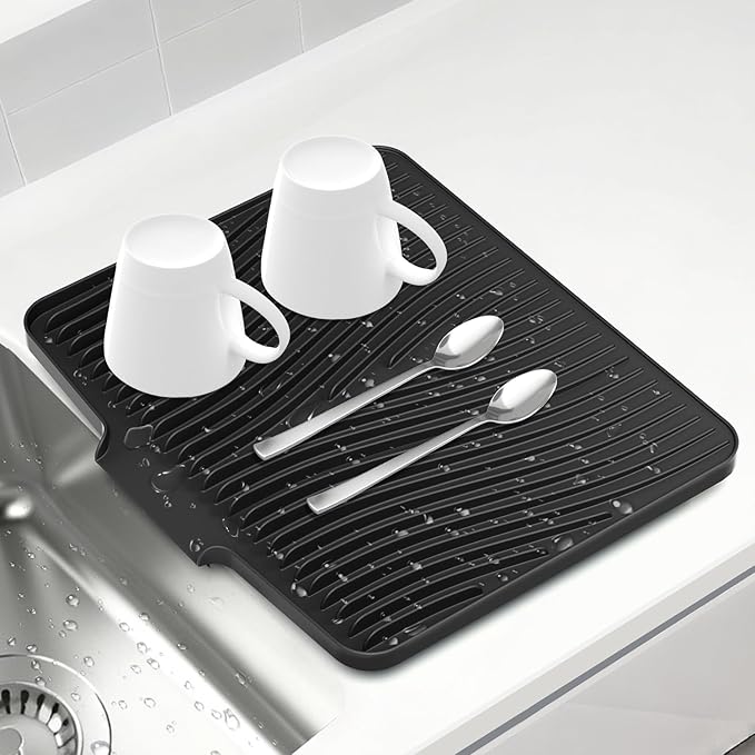 Silicone Dish Drying Mat for Kitchen Counter, 15.8" x 13"Dish Drying Pad, Non-Slip Drain Pad with Built-in Drain, Heat Resistant Stone Drying Mat, Black