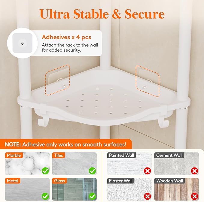 Lifewit Floor Standing Shower Caddy Corner, 5 Tier Plastic Shower Stand Rack with Adjustable Feet and Hooks, Rustproof Bathroom Shelf Organizer, White，34 x 24 x 139 cm/13 x 9.5 x 55 inch