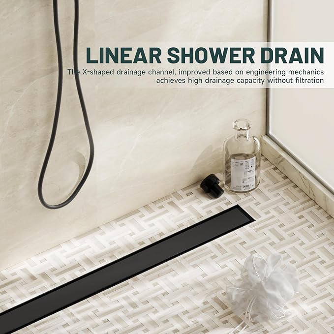28-Inch Linear Shower Floor Drain, Stainless Steel Bathroom Floor Drains, Rectangular Shower Trench Floor Drain, Hair Strainer, Matte Black