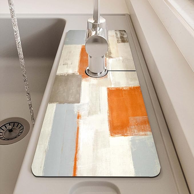 MCALK Orange Kitchen Sink Faucet Mat Splash Guard, Absorbent Quick-Dry Kitchen Sink Mat - Ideal for Splash Guard & Drip Catching with Abstract Art Decor( 1pc 15"x5.5")