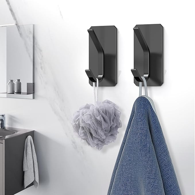 PMMASTO Self-Adhesive Towel Hooks - Sticky Heavy Duty Wall Robe Coat Hook for Hanging- Shower Hooks (Black, “ K ”Shape 6PC)