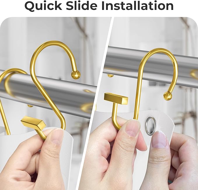 Muted Gold Shower Curtain Hooks, Bathway Shower Curtain Rings Rust Proof, 12PCS Shower Hooks for Shower Curtain, T-Bar Design Convenient Elegant Shower Curtain Hangers for Bathroom Kitchen Wardrobe