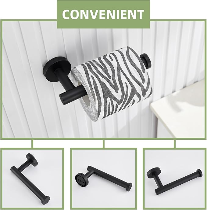 Bathroom Hardware Set 4-Piece Matte Black, Angle Simple Stainless Steel Bathroom Accessories with Towel Hook X 2, Toilet Paper Holder and Rotary Towel Ring, Wall Mount