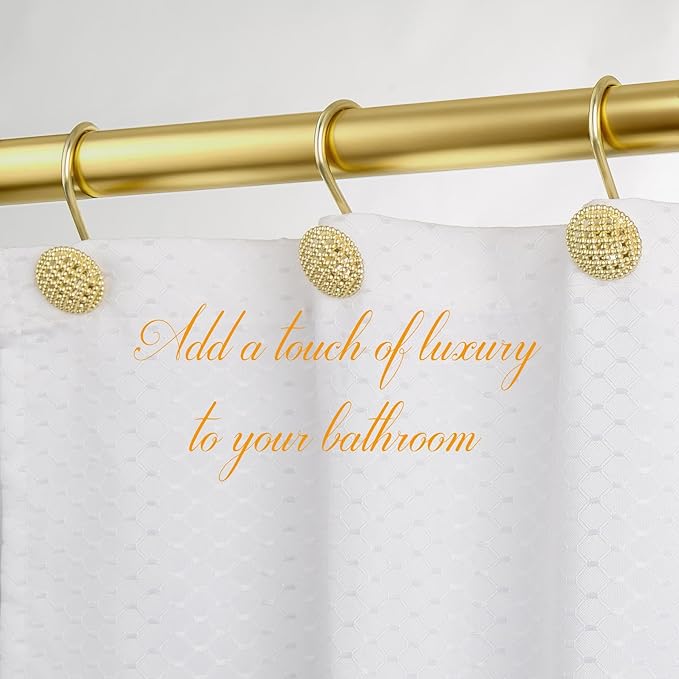 Pearlbee Gold Shower Curtain Hooks, Rustproof Shower Curtain Rings for Bathroom, Metal Shower Hooks for Shower Curtain Rod, Modern Decorative Shower Curtain Hangers Set of 12, Round Heavy Duty Design