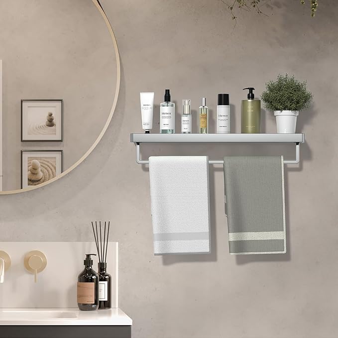 Bathroom Shelves Glass Bathroom Shelf with Towel Bar, Floating Shelves for Living Room/Study Room Tempered Glass Rectangular 1 Tier Organizer Wall Shelf (Chrome Polished, 20'')