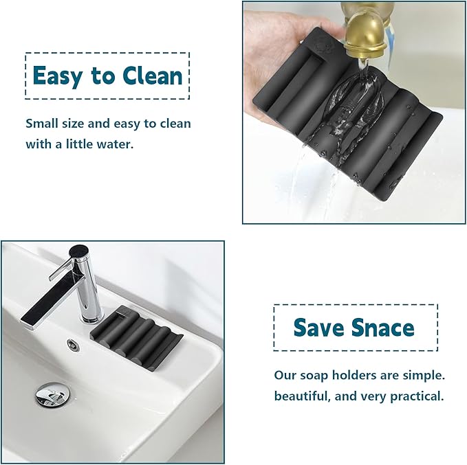 Silicone Soap Dish,Self Draining Soap Holder Perfect for Shower,Bathroom Sink,Kitchen Sink & Travel,Non-Slip Bar Soap Holder Extend Soap Life,Keep Soap Bars Dry Clean (Black-2Pcs)