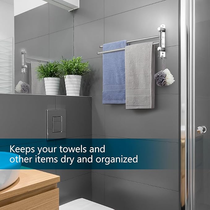 Bathroom Towel Holder JSVER 2 Arms SUS304 Stainless Steel Wall Mounted Towel Bar, Swivel Towel Racks for Bathroom, Kitchen