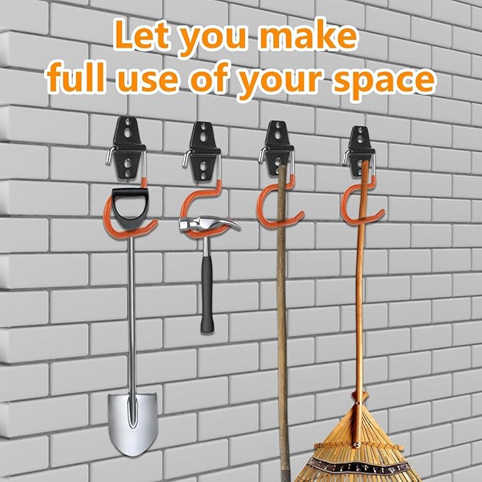 16 Pack Metal Garage Hooks S Hooks Heavy Duty Metal Large S Hooks and Broom and Mop Holder Broom Hooks for Mop Shovel Rake Shed Garden Lawn Yard(Orange)