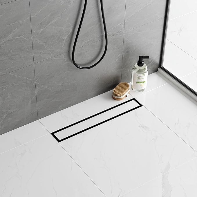Neodrain 18-Inch Matte Black Linear Shower Drain, 2-in-1 Flat & Tile Insert Cover, Stainless Steel Linear Drain, Rectangle Shower Floor Drain with Hair Strainer, Shower Drain Base