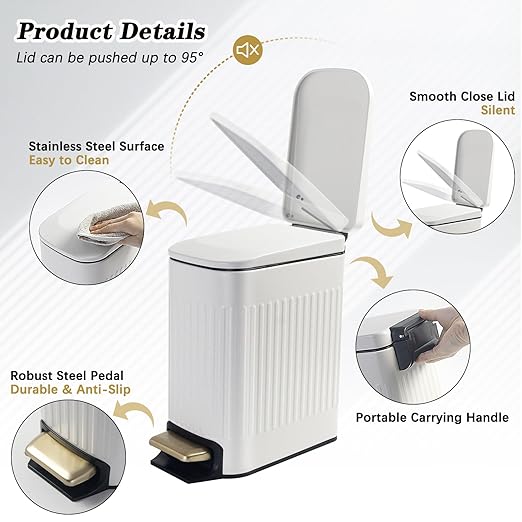Soddeph Small Narrow Bathroom Trash Can with Lid Bathroom,1.6 Gallon Stainless Steel Wastebasket with Lid Soft Close,Slim Trash Can with Removable Inner Bucket for Toilet, Bedroom,Office (White)