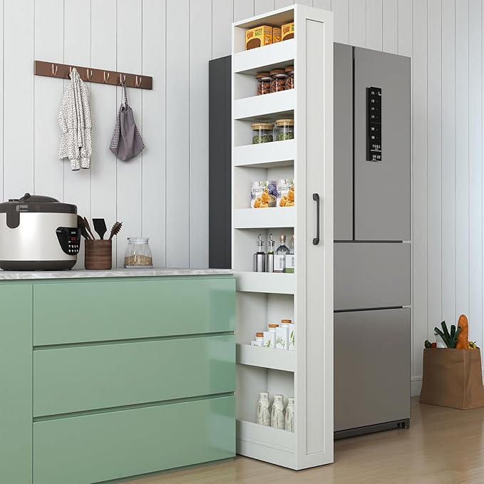 JOYSOURCE Tall Narrow Pull-Out Storage Shelf with Wheels 7-Tier Slim Rolling Storage Spice Rack Next to Fridge Utility Cart Single-Sided for Small Spaces, Kitchen, Laundry Room, Bathroom White