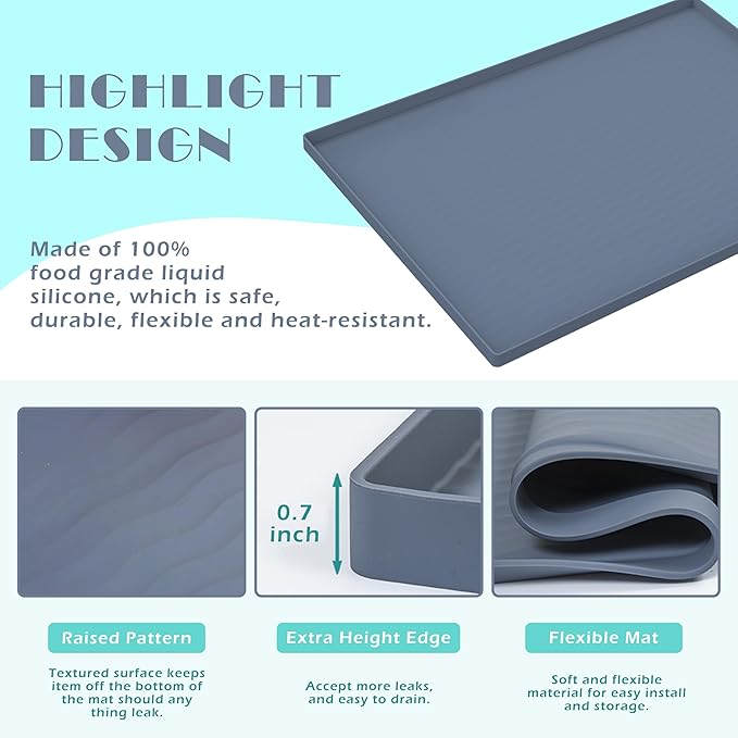 URMONA Waterproof Silicone Under Sink Mat 28'' x 19'' Shelf Liner for Kitchen and Bathroom, Cabinet and Counter Protector, Storage and Organizers, Litter Mat, Pet Cat Puppy Essentials(Light Grey)