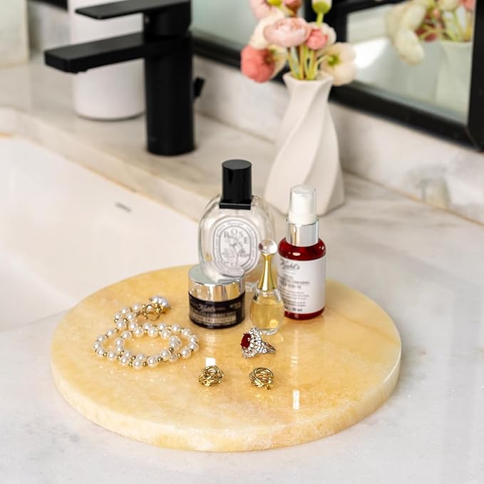 BCS Round Marble Vanity Tray for Bathroom Counter- 10 inch Natural Mexico Onyx Stone Tray for Perfume, Jewelry, Makeup Organizer, Luxury Dresser & Nightstand Decor