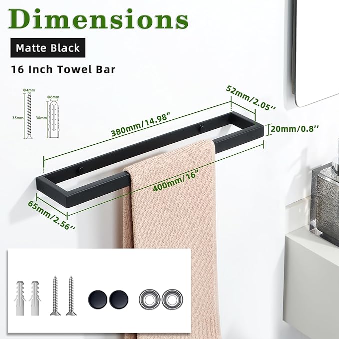 Alise Bath Towel Bars,16 Inch Towel Holder Towel Racks for Bathroom and Lavatory,SUS304 Stainless Steel Hand Towel Hanger Rail Wall Mount,Matte Black