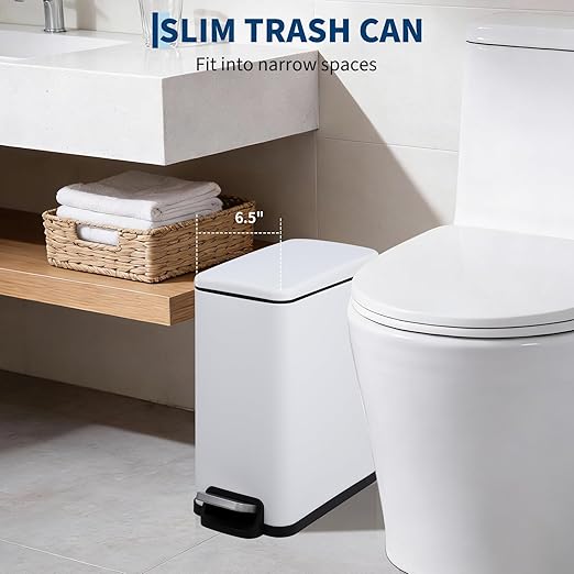 Garvee Small Bathroom Trash Can with Lid, 10 Liter / 2.6 Gallon Stainless Steel Garbage Can with Removable Inner Bucket & Step Pedal, Slim Metal Trash Bin for Toilet, Bedroom, Kitchen, Office, White