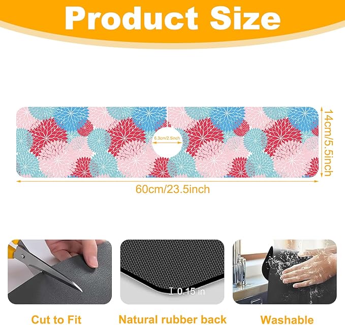 2 Pack Abstract Flowers Sink Splash Guard Faucet Mat Vintage Floral Super Absorbent Fast Drying Mat Sink Gadgets-Splash Guard Behind Faucet Drip Catcher for Kitchen Bathroom, 23.5"x5.5"