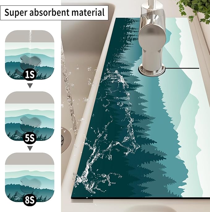 Absorbent Splash Guard Mat for Kitchen Sink, 15×5.5 Inch Cute Fast Drying Drip Catcher Behind Faucet Mat, Non-Slip, Washable Sink Mat Gadgets for Bathroom, Kitchen, Bar Blue Mountains