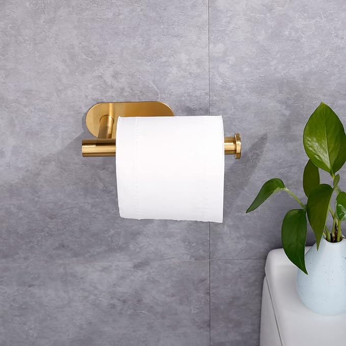 Bathroom Toilet Paper Holder,Self-Adhesive Toilet Paper Holder Roller Holder Stand Wall Mount Rustproof SUS304 Stainless Steel no Drilling Stick on Tissue Holder(1Pack,Brushed Gold)