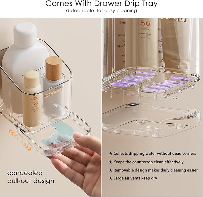 Toothbrush Holders for Bathroom - Detachable Divided Design, Drawer Drainage Tray, Adhesive Wall-Mounted/Countertop Dual-Use, Large Capacity Organizer for Bathroom/Kitchen/Office, Easy Install (Clear)