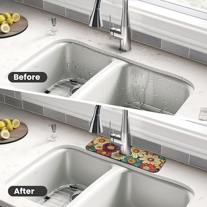 Kitchen Faucet Mat 15 x 5.5 Inch Abstract retro flower Faucet Draining Mat Farmhouse Absorbent Drying Mat Sink Splash Guard Behind Faucet Drip Catcher for Kitchen Bathroom