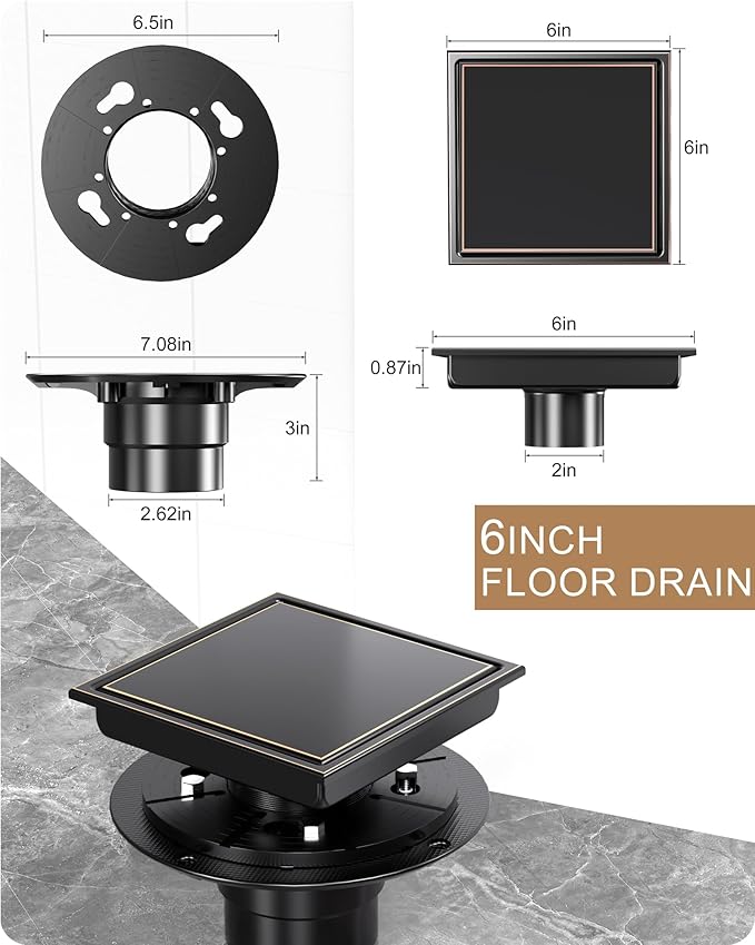 6 Inch Square Shower Drain with Flange Reversible 2-in-1 Cover Tile Insert Grate SUS 304 Stainless Steel, Hair Catcher, Anti-Clog, Rust-Resistant, Fast Drainage (Oil Rubbed Bronze)
