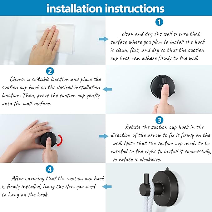DGYB Suction Cup Hooks for Shower Set of 2 Towel Hooks for Bathrooms SUS 304 Stainless Steel Matte Black Shower Hook for Loofah 15 LB Bathroom Hook for Towels