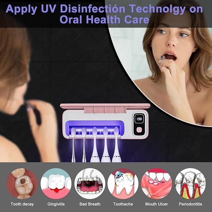 Toothbrush San itizer Holders Wall Toothbrush San itizer Holder with Light, 5 Slots Toothbrush Holder Rechargeable Toothbrush Cleaner Case Cover Toothbrush Holder with Air Dry for Bathroom (Pink)