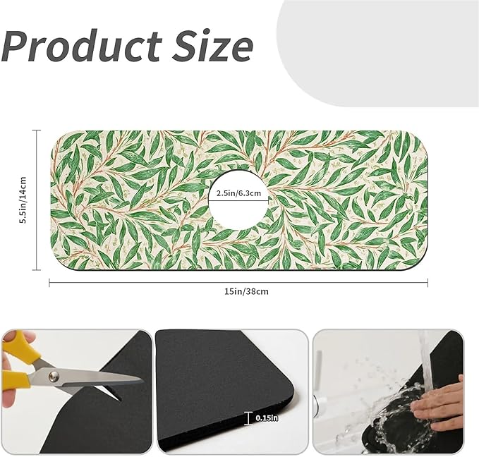 Kitchen Sink Splash Guard，Willow leaves Faucet Mat Sink Gadgets-Super Absorbent Fast Drying Mat Drip Catcher for Kitchen, Bathroom,Sink Mat, Dish Drying Mat, Bathroom(15" X 5.5" )